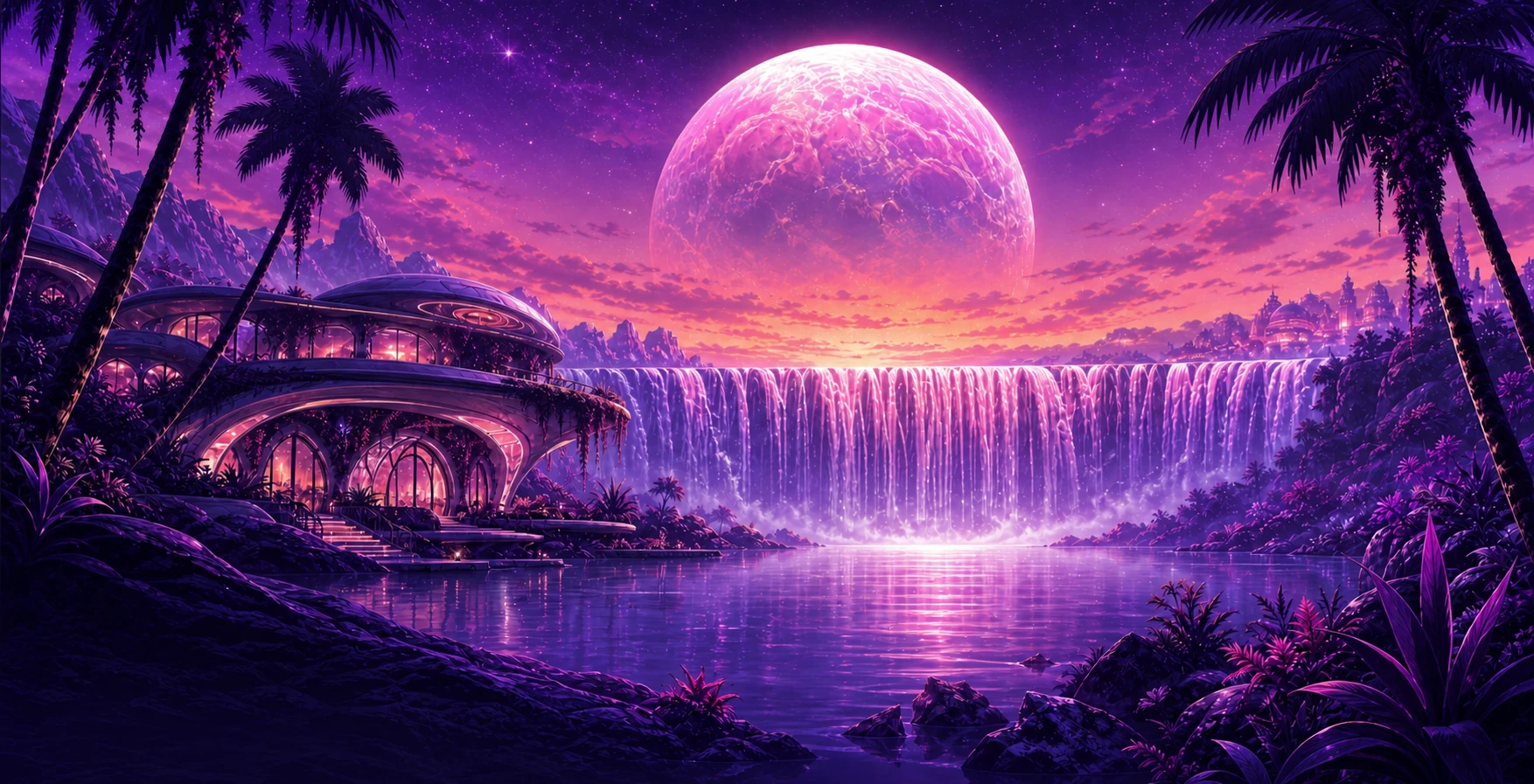 Tideglass Sanctuary overlooking Lumael Cove, Veilfall, and the immense Absent Moon